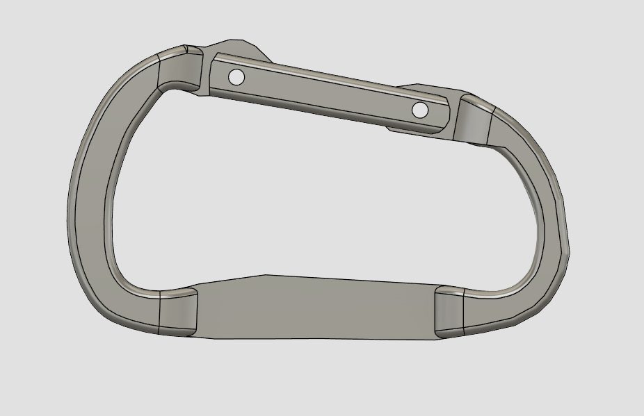 The carabiner rebuilt as a 3D CAD model from the measured dimensions.